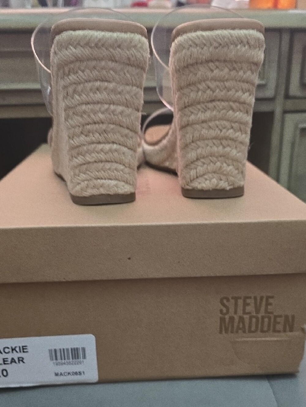 Steve Madden Clear Strap Tan Espadrille Wedge Sandals - Picture 3 of 8